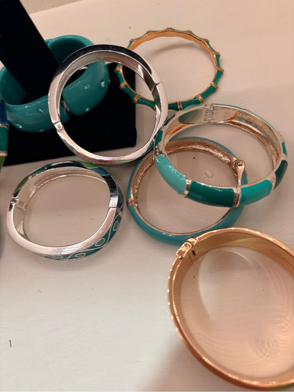 Teal and Turquoise Enamel Bangle Bracelet Set - Women's Jewelry - Picture 4 of 6